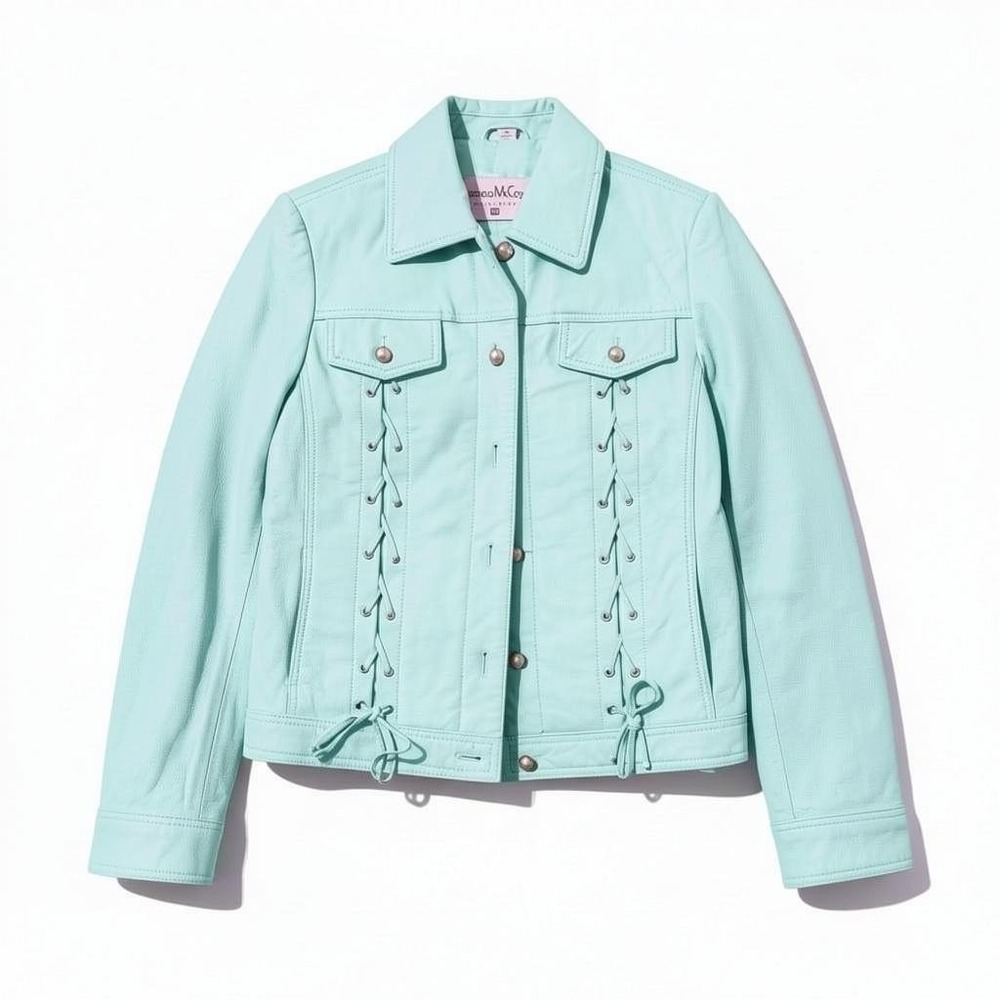 Pamela McCoy Leather Jacket XS Mint Green Laced Front Back Moto Coquette